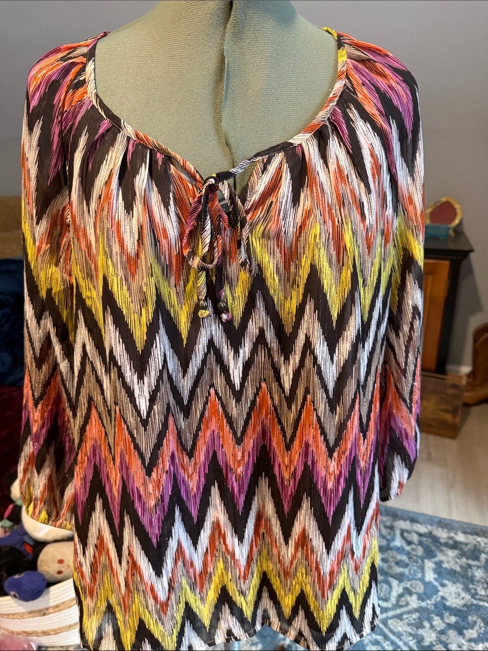 Sara Michelle Multicolor Chevron Tie-Front Blouse